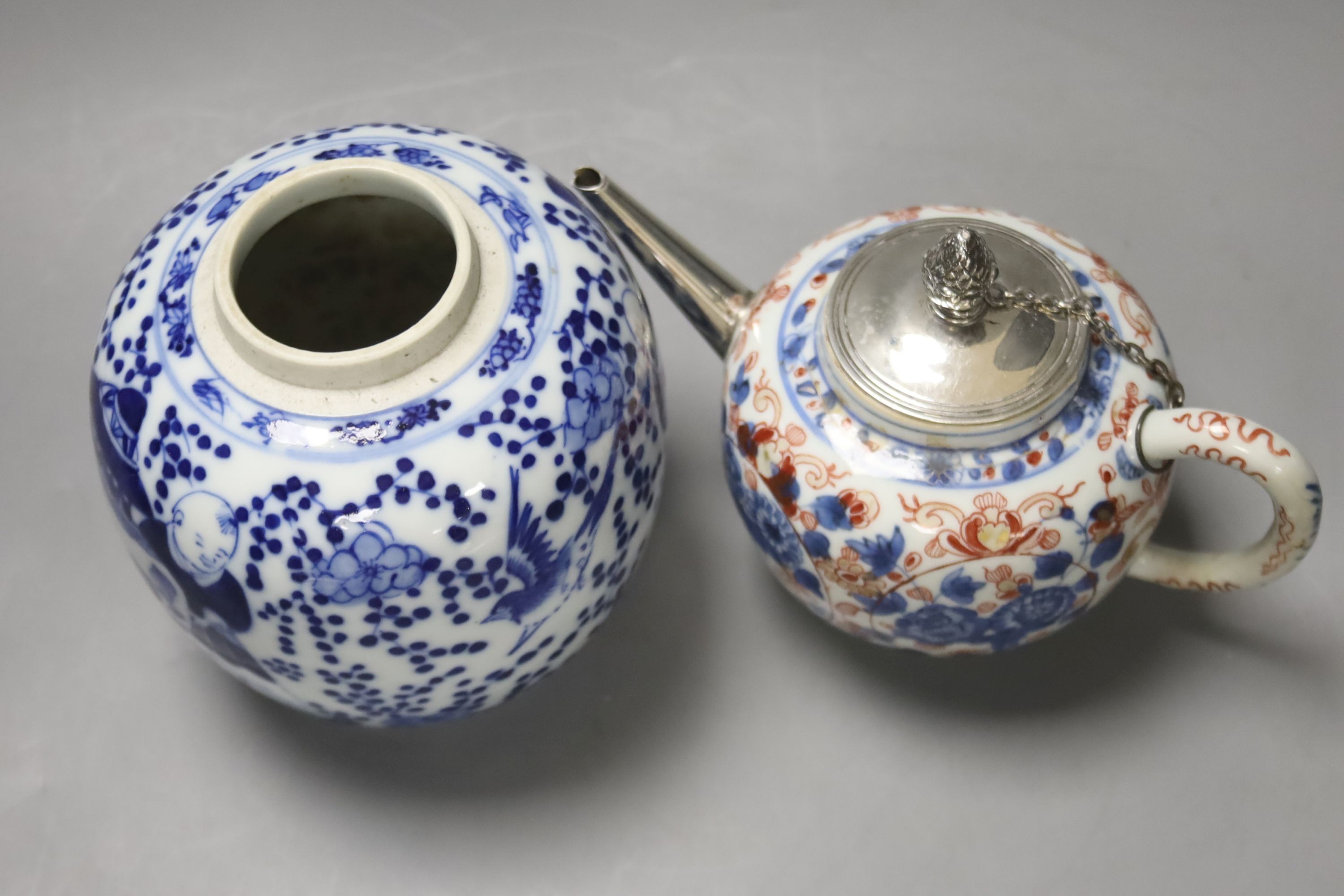 A Chinese Imari porcelain teapot with white metal cover, H 12cm, together with a 19th century Chinese blue and white jar, Kangxi marks to the underside, an eastern metal bowl and plate